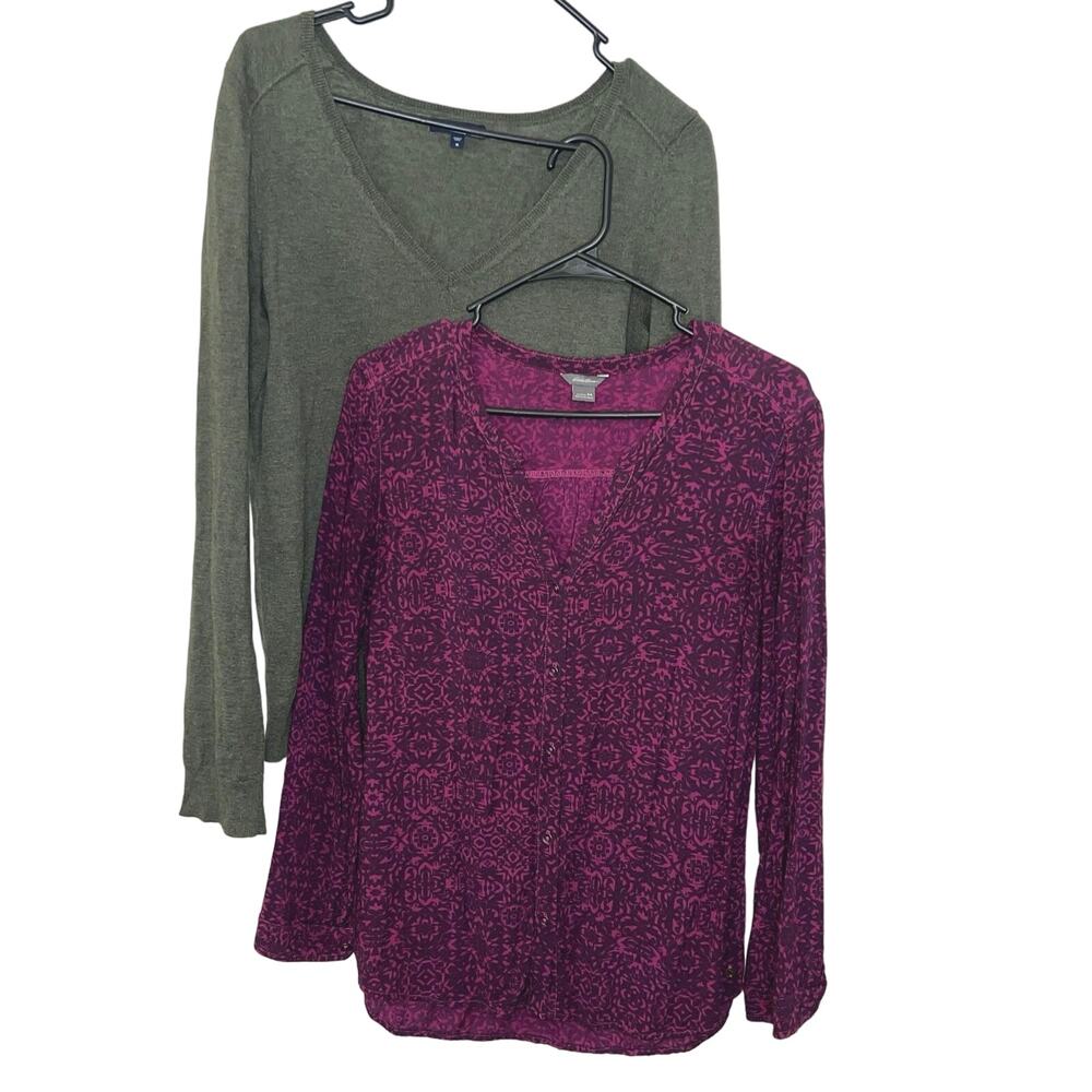 Lot of 2 Women’s Medium Long Sleeve Shirts Eddie Bauer & GAP Green Purple